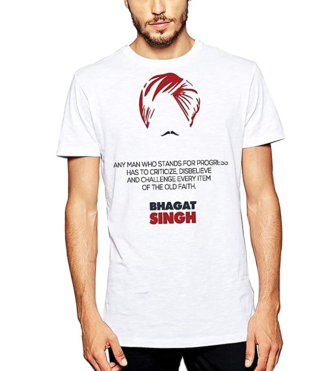 डबल एफ ब्रांडेड दौर गर्दन आधा आस्तीन भगत सिंह सोचा मुद्रित टी-शर्ट