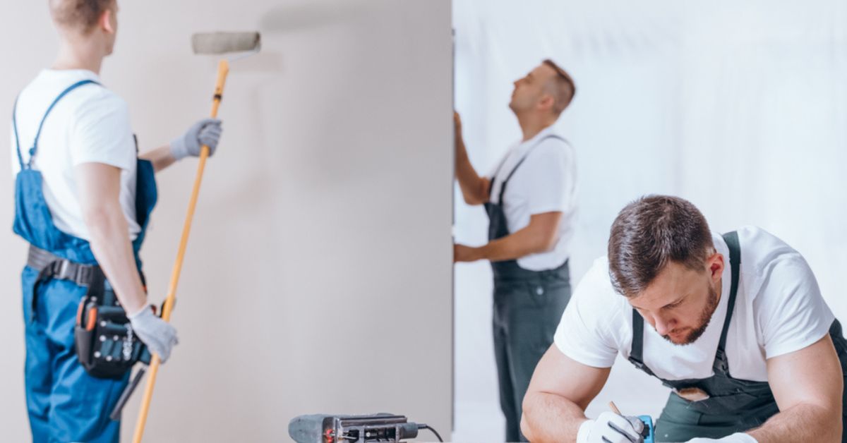 Two men using a paint roller to paint a wall, illustrating the construction and finishing process in action.