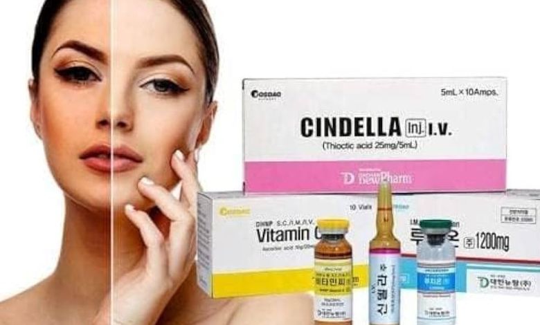 cindella injection boxes and women showing results of whitening injection